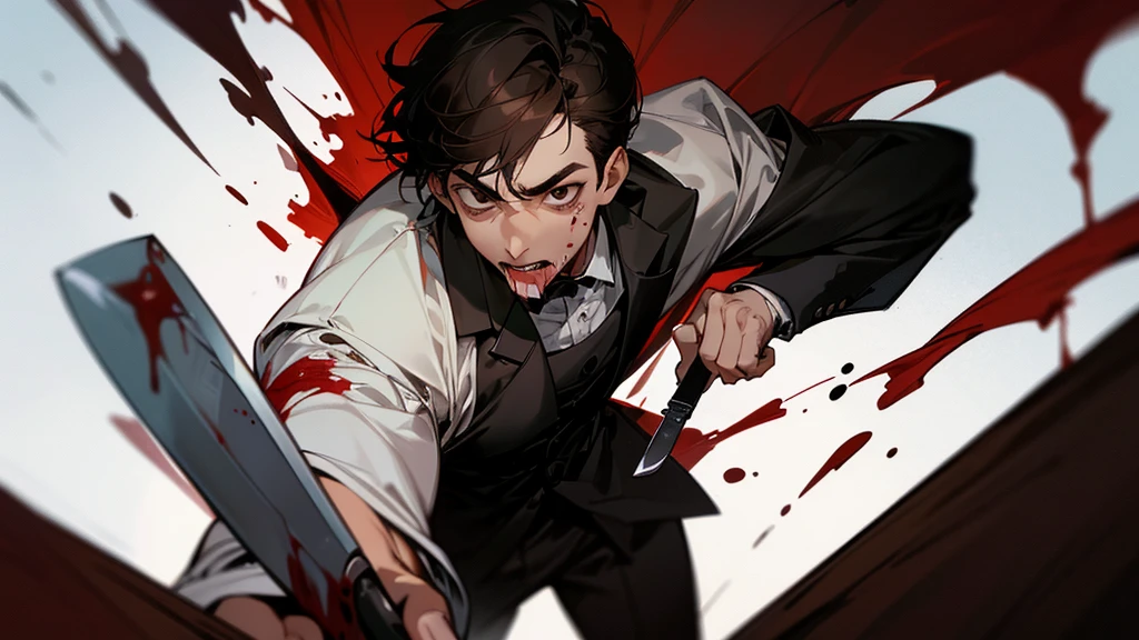 A man with black hair, black eyes, a sadistic face, mouth full of blood. There was blood all over his body, holding a kitchen knife, wearing a chef's uniform. The person standing next to him was a man with brown hair and brown eyes, his face looking frightened. wearing a black suit