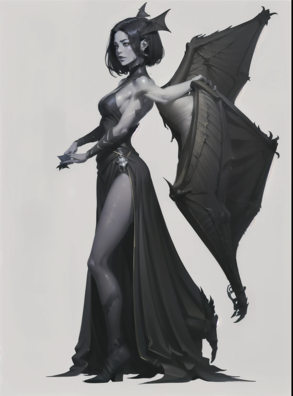 I would like a herald on a white background, with black shadows enveloping your entire body, and a girl squatting with bat wings on her back. two wings on his back and a black cloth on his face, front character, and sensual