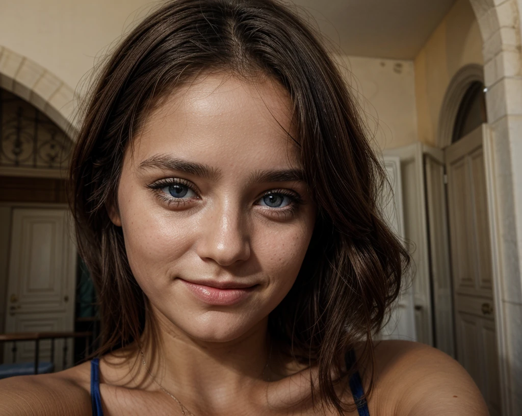 selfie d'une fille aux yeux bleu, slightly smiling in béziers 