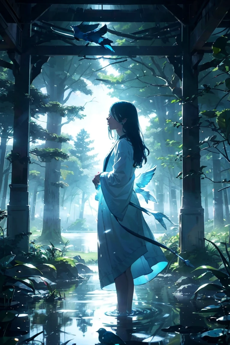 "Create an image of Billie Eilish standing in the middle of a serene lake, surrounded by tall, majestic trees. The scene is ethereal and peaceful, with blue birds gracefully flying around her, adding a touch of whimsy and magic. The lighting is soft, with a gentle glow that enhances the tranquil atmosphere. Billie Eilish's expression should reflect a sense of calm and wonder, blending harmoniously with the natural surroundings