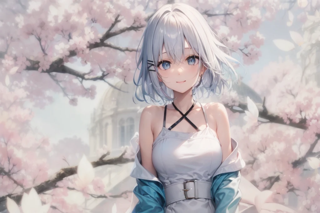 Her eyes were shining、Mysterious and enchanting atmosphere。With AI Painting、とてもShort Hair, Long bangs between the eyes, Very detailed,(masterpiece、Highest quality)、alone、Gray Hair、Fantasy, Silver Hair, Fantasyな風景、White shirt、smile、Open your mouth、Scarf、short hair、Short Hair、hairpin、black eye、Grey Eyes、Beautiful Eyes