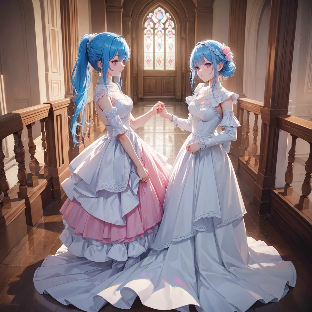 sky Blue hair, (braided ponytail),(pink eyes),fair skin ,(full body),(1 girl),bride,soro,smile,Straight Bangs, June Bride,Wedding dress,(masterpiece, best quality, ultra-detailed, best shadow), (detailed background), (beautiful detailed face), high contrast, (best illumination, an extremely delicate and beautiful), ((cinematic light)), colorful, hyper detail, dramatic light, intricate details,Wedding hall,