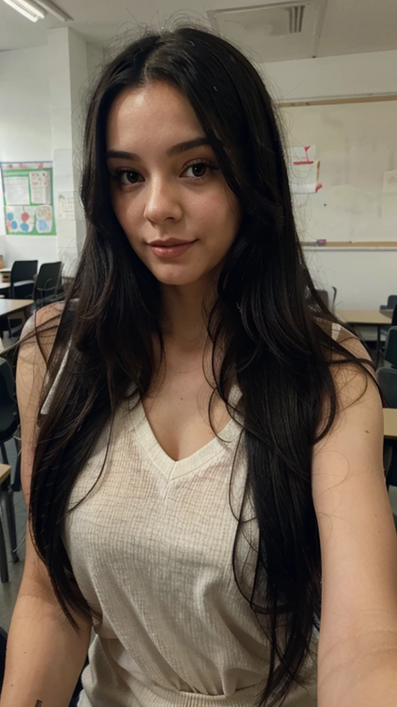 British lady with long black hair in the classroom in London, selfie