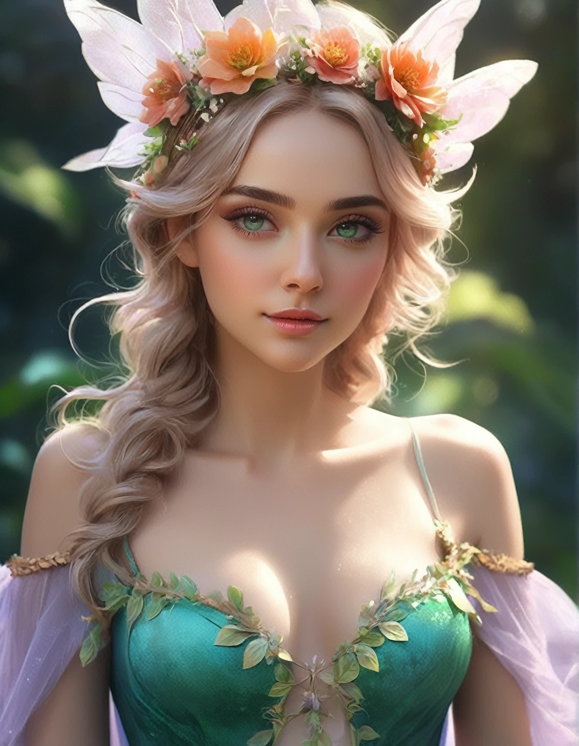 A woman in a green dress with a flower crown on her head, beautiful Fantasy Portrait, Digital fantasy art ), beautiful fantasy art portraits, Fantasy art style, Beautiful digital art, Fantasy Portrait, In the style of Urop, deviantart artstation cgscosiety, fantasy art portraits, Beautiful fantasy art, Beautiful fantasy maiden, Realistic Digital Art 4K, Realistic Digital Art 4K