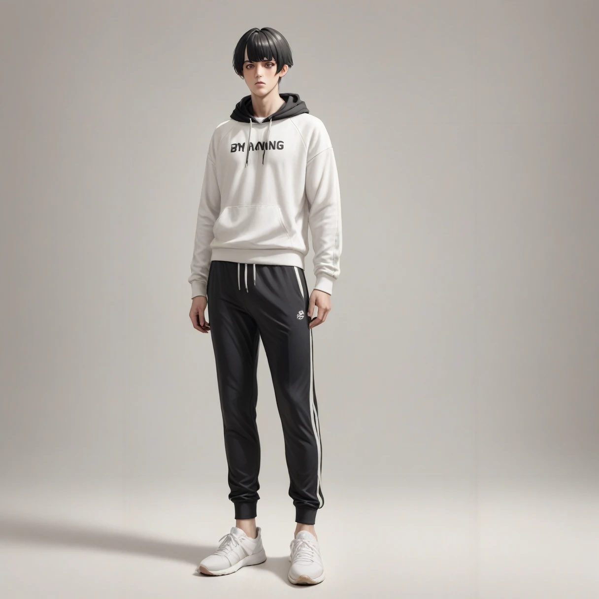(very aesthetic, best quality), A guy who looks like Yi Yang Qianxi，Wearing sports sweatshirt and sweatpants，Full body front view，Boys，White blank background
