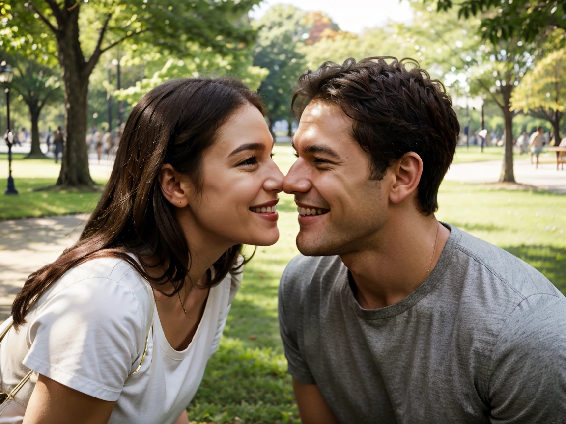 male and female are looking at each other and smiling together in the park, netflix, # film, movie, perfect scene, movie clip, high quality film still, highlight scene of the movie, inspired by John Luke, summer, profile shot, still from the movie, high quality movie still, summertime, smiling at each other, summer season, trailer, movie promotional image, movie still
