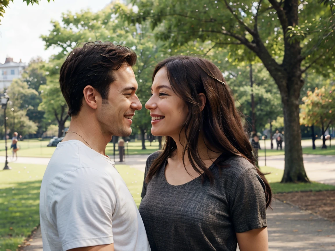 male and female are looking at each other and smiling together in the park, netflix, # film, movie, perfect scene, movie clip, high quality film still, highlight scene of the movie, inspired by John Luke, summer, profile shot, still from the movie, high quality movie still, summertime, smiling at each other, summer season, trailer, movie promotional image, movie still