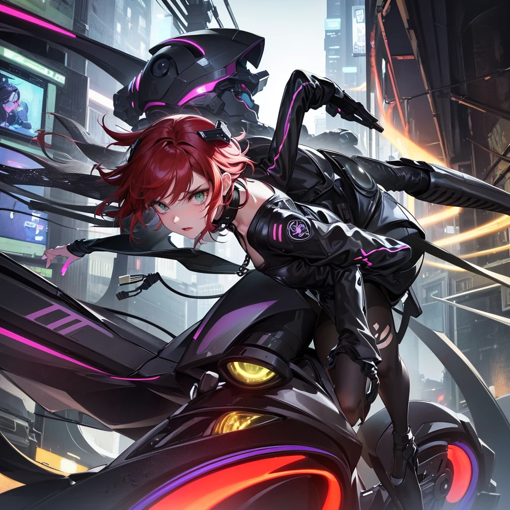 He transports me to a cyberpunk world full of mystery and futurism. I imagine this anime girl on her cyberpunk motorcycle, surrounded by neon lights in a night city. His purple and black suit., The shiny chains and her red hair create an intriguing image.. The motorcycle, with its shiny surface and cat-shaped helmet, adds a touch of enigma. He&#39;it&#39;s like her&#39;You&#39;re ready for an exciting nighttime adventure.!! .