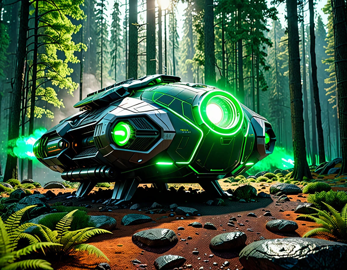 futuristic spaceship with green lights, burning green light on a rock in the middle of the forest, Fiends, Science fiction, 3D octane rendering concept art, Glowing sci-fi engine, Concept art with high detail of 8 thousand., Рендеринг 8 K CG, 8K 3D octane rating rendering, displayed at redshift, 3D octane render 8k, octane number science fiction rendering, Super rendering in octatonic rendering, redshift rendering