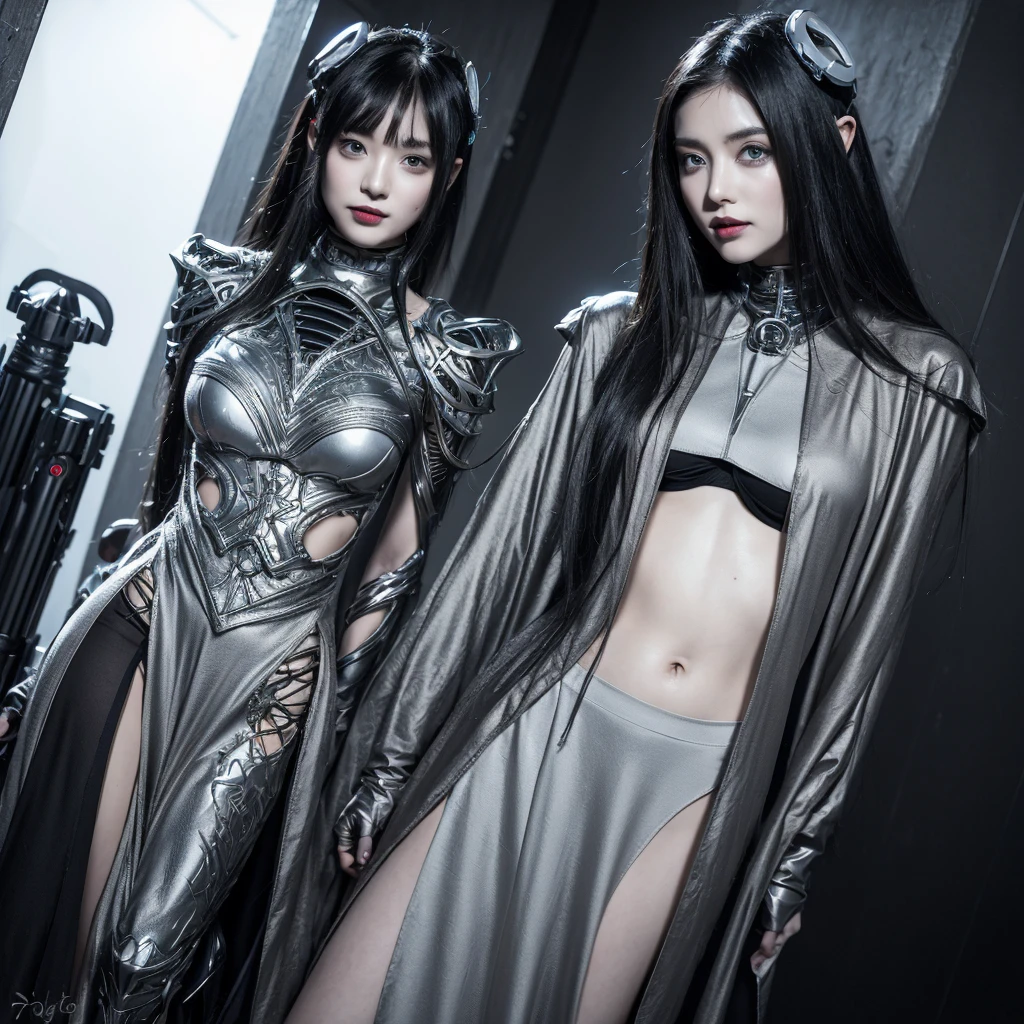 medieval warfare,ruin style,((original photography:1.2, best quality)), photographic art,Extremely detailed, Ultra-precise depiction, Ultra-fine drawing, (tangled、dramatic:1.2), (medieval warfare的氛圍), ((((night))),dark light,Dark room,dirty room,Behind is the wall,dilapidated wall,((ceramic tile、Sewage on the ground:1.2)),2 women, female knight,Dirty long hair,Very detailed face,beautiful face,exquisite eyes, (best quality, Beruca, Gloves), ((Shabby medieval metal armor:1.3)), Very detailed metal armor,Broken metal armor,Rag strips, long legs, Very huge cleavage,Long legs,((Bruise on the body)),two women standing together