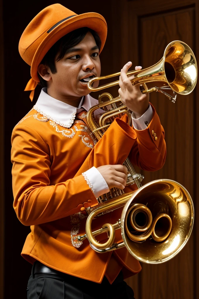 An orange kitten dressed as a mariachi playing the trumpet