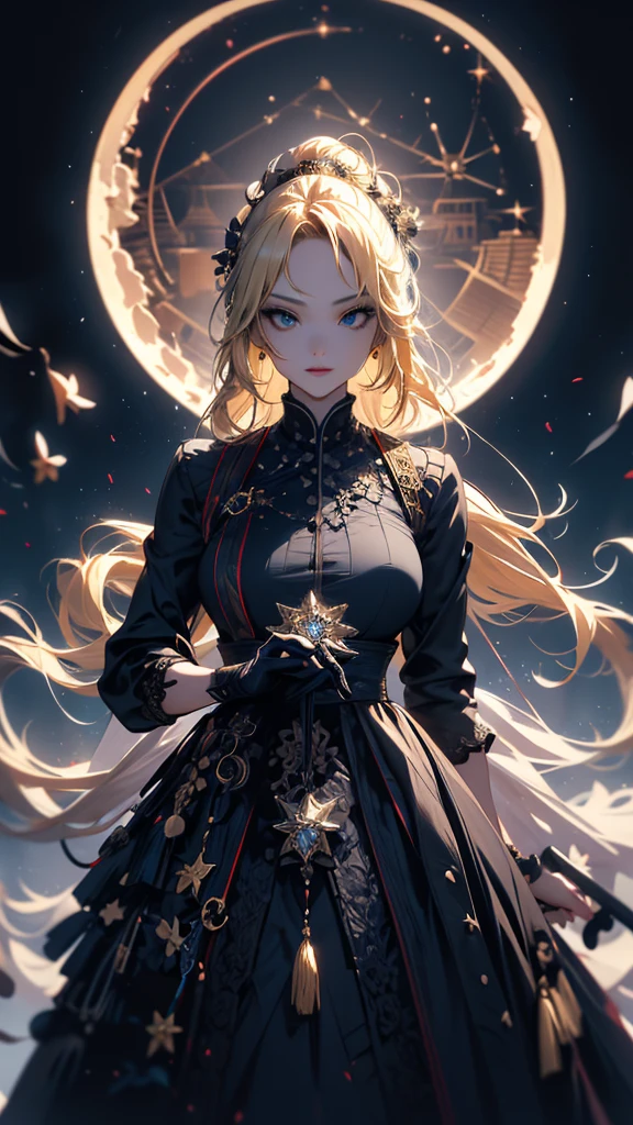 masterpiece, high quality, 4K, Beautiful design, silhouette,blonde, 非常に詳細な夜のStarry Sky,Flower Field, wonderful, Finer details, Very knowledgeable woman, Highly detailed solo, 1 female,Big Breasts,Gothic ta Fashion,Night view,Starry Sky,full moon,