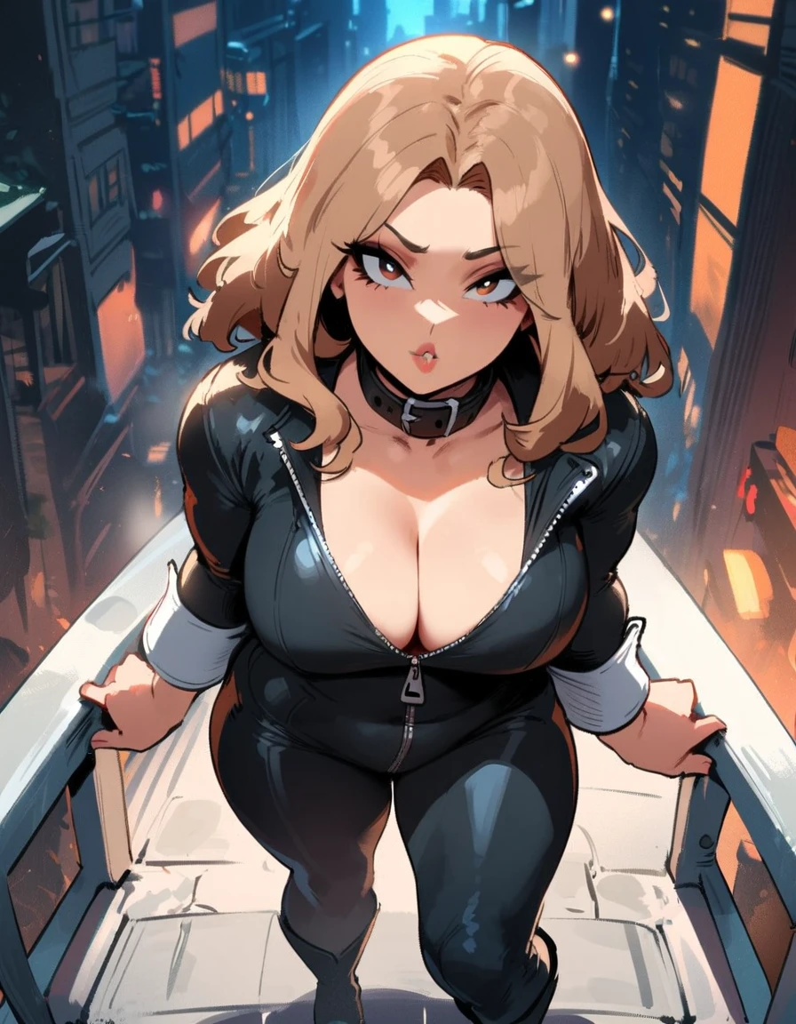 1girl, utsushimi kemii, boku no hero academia \\\\\ masterpiece, best quality, very aesthetic, absurdres, newest \\\\\\ slim body,///// ,by nyantcha,cutesexyrobutts , by khyle,,////// beautiful face, sexy, simple black catsuit with blending patterned lines and a zipper running down the middle left slightly down to reveal her cleavage. She wears white cuffs around her wrists and white heeled knee-high boots, patterned with gray lines, as well as a loose black collar lined with metallic plates., ,plump and glossy lips, city, looking at viewer, close-up, dark brown eyes