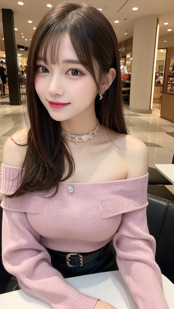 1 person、 detail, High resolution, Highest quality、Beautiful fine details, long hair, Natural color lip、Clear Skin、Shiny Hair、Tabletop, Super detailed, In detail, High resolution, 8K、Cute pose,Beautiful feet,Perfect beautiful face,KPOP idol faces,Ecstatic face、Cute face,leather skirt、pink off shoulder sweater、smile、Shopping mall、belt、Seduce、Close-up of face、Upper Body、Show off your cleavage、choker、lift up skirt