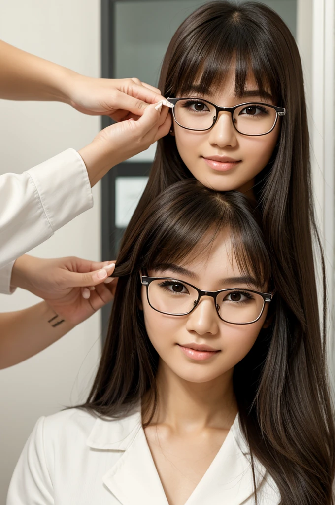 Manicurist girl with long hair and bangs,White skin,with white glasses and brown eyes