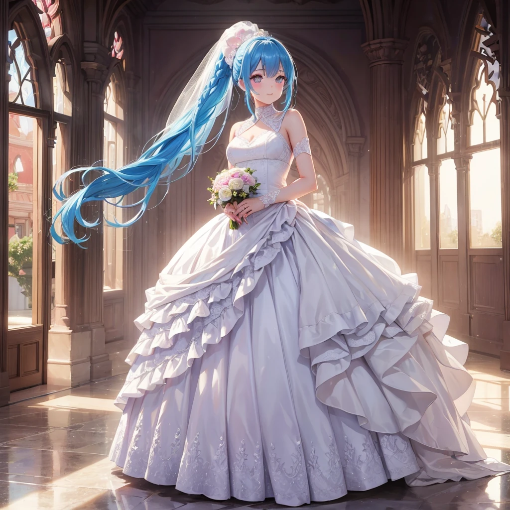 sky Blue hair, (braided ponytail),(pink eyes),fair skin ,(full body),(1 girl),bride,soro,smile,Straight Bangs, June Bride,Wedding dress,(masterpiece, best quality, ultra-detailed, best shadow), (detailed background), (beautiful detailed face), high contrast, (best illumination, an extremely delicate and beautiful), ((cinematic light)), colorful, hyper detail, dramatic light, intricate details,Wedding hall,