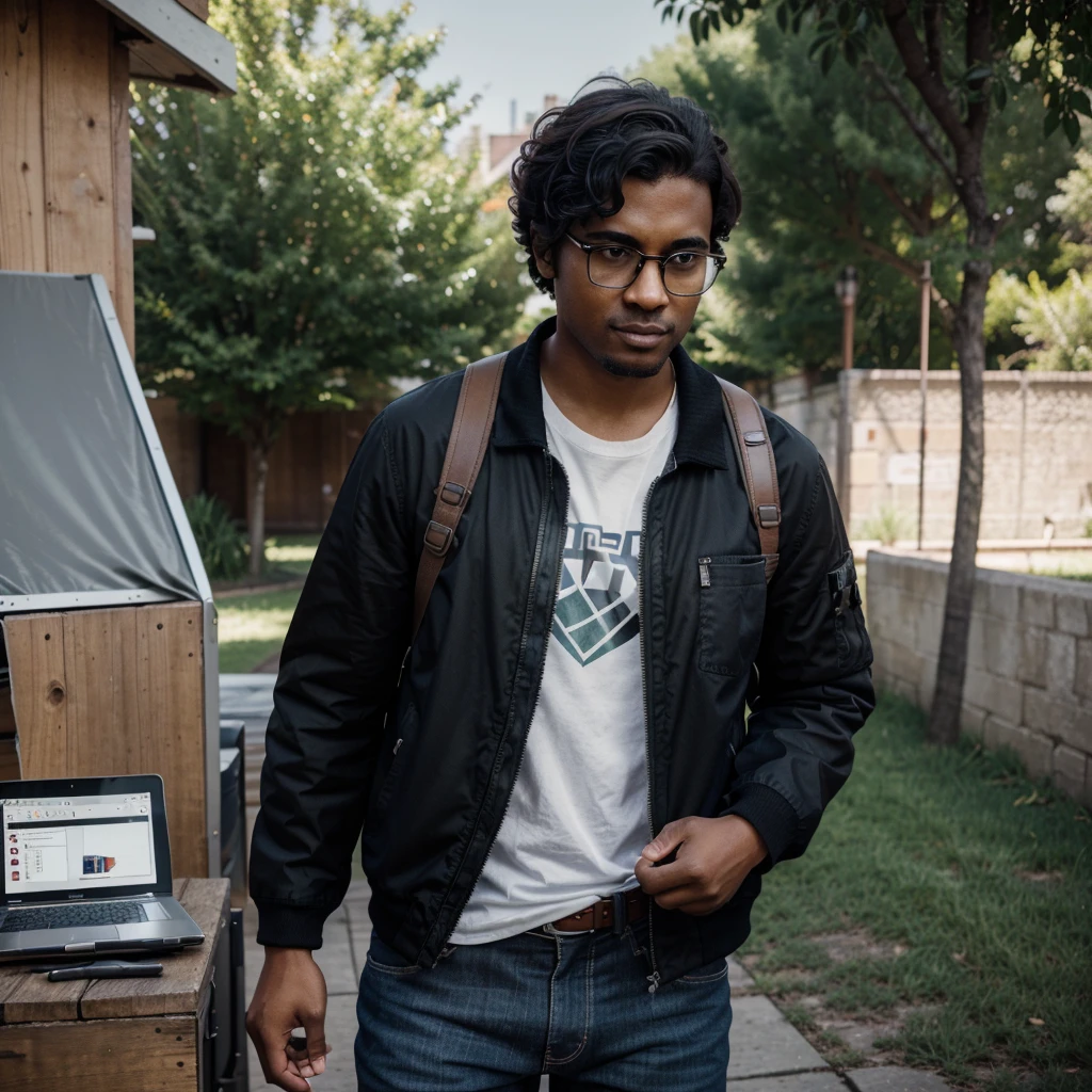 A 28-year-old young man with dark skin, short curly hair and thick-rimmed glasses, he is dressed like a soldier ready for creative battle, with a stylized utilitarian jacket full of pockets, comfortable jeans and sturdy boots. He carries a high-performance laptop with the latest version of Adobe Creative Cloud, a Wacom graphics tablet, a smartphone with design apps like Procreate and Canva, a tech backpack with organized compartments, a sketchbook and technical pens, a portable color palette , a collection of typography samples, a compact digital camera, noise-cancelling headphones, augmented reality lenses, and creative business cards. In the image, he is in a confident pose, holding his graphics tablet like a shield and a stylus like a sword, with his tools around him and a dynamic background with graphic elements." HDR, 8k, Soft light, realistic
