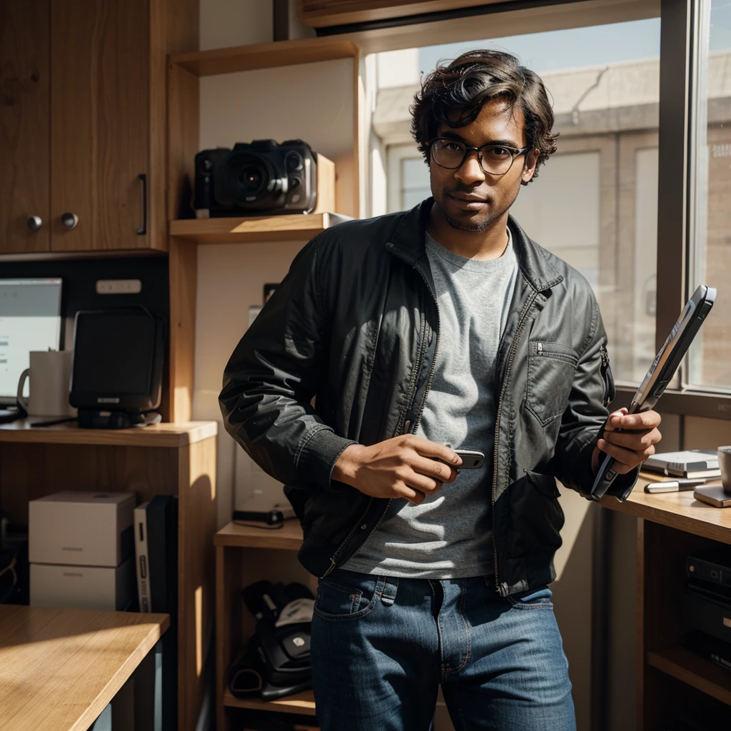 A 28-year-old young man with dark skin, short curly hair and thick-rimmed glasses, he is dressed like a soldier ready for creative battle, with a stylized utilitarian jacket full of pockets, comfortable jeans and sturdy boots. He carries a high-performance laptop with the latest version of Adobe Creative Cloud, a Wacom graphics tablet, a smartphone with design apps like Procreate and Canva, a tech backpack with organized compartments, a sketchbook and technical pens, a portable color palette , a collection of typography samples, a compact digital camera, noise-cancelling headphones, augmented reality lenses, and creative business cards. In the image, he is in a confident pose, holding his graphics tablet like a shield and a stylus like a sword, with his tools around him and a dynamic background with graphic elements." HDR, 8k, Soft light, realistic