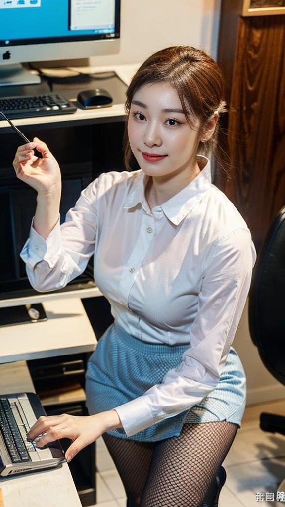 ((top-quality、​masterpiece、photographrealistic:1.4、in 8K))、Beautuful Women１a person、25years old、delicate and beautiful face、Eyes and faces with detailed 、(Modern workplace with computer:1.2)、(Shirt:1.2)、(standing:1.2)、A smile、Beautiful lighting、Textured skin、Super Detail、high detailing、High quality、hight resolution、（looking at the viewers）、Detailed mouth、Opening Mouth、full body Esbian、tight skirts、Women at work、Fishnet Stockings、Coffee、window、Women who can work、high-heels, short hair 