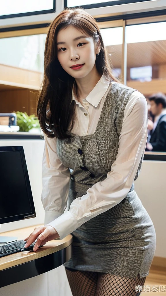 ((top-quality、​masterpiece、photographrealistic:1.4、in 8K))、Beautuful Women１a person、25years old、delicate and beautiful face、Eyes and faces with detailed 、(Modern workplace with computer:1.2)、(Shirt:1.2)、(standing:1.2)、A smile、Beautiful lighting、Textured skin、Super Detail、high detailing、High quality、hight resolution、（looking at the viewers）、Detailed mouth、Opening Mouth、full body Esbian、tight skirts、Women at work、Fishnet Stockings、Coffee、window、Women who can work、high-heels, short hair 