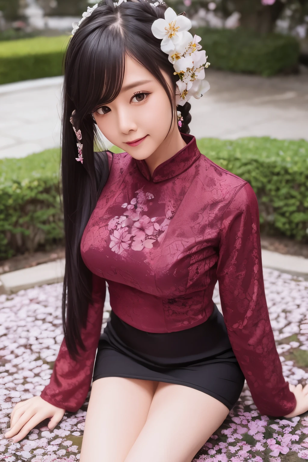 Sexy sweater,Beautiful girl with double braids,Under the cherry blossom tree,Sakura petals are flying all over the ground,Large target ,((best quality)), ((Intricate details)), ((Surrealism))(8K)