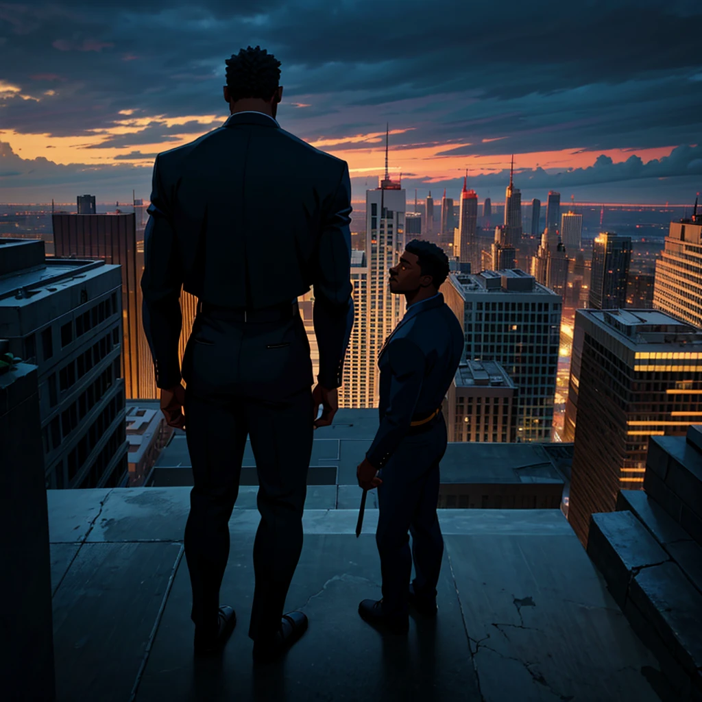 photo of a depressed black man reflecting on his life while standing on top of a building, cinematic action, masterpiece, super detail, textured skin, atmospheric perspective,