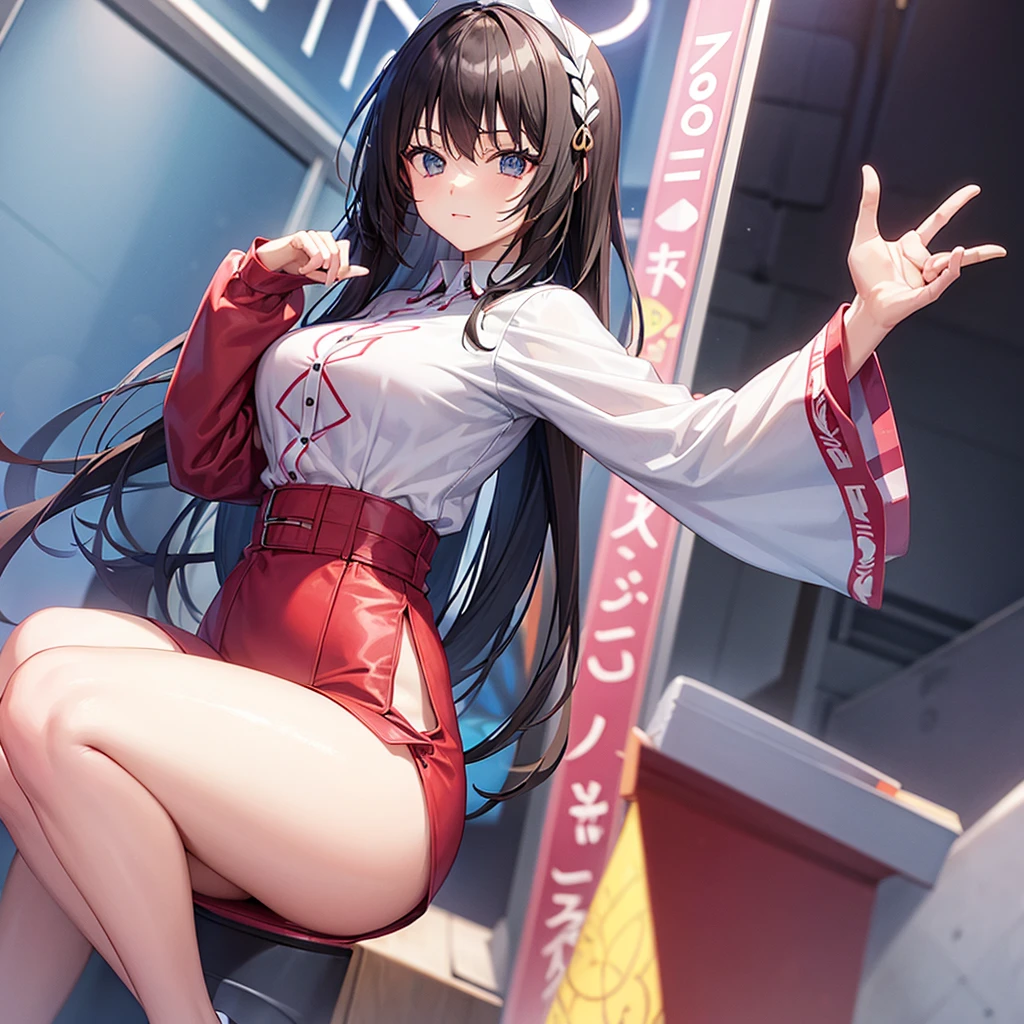 anime style , with 4 blue and red capsules in the palm of her hand, behind her several blue and red capsules floating, slight smile, red eyes, very pale skin, black hair, black t-shirt with a psychedelic cat print, face with scratizes, appearance of a beggar , play there , dark image