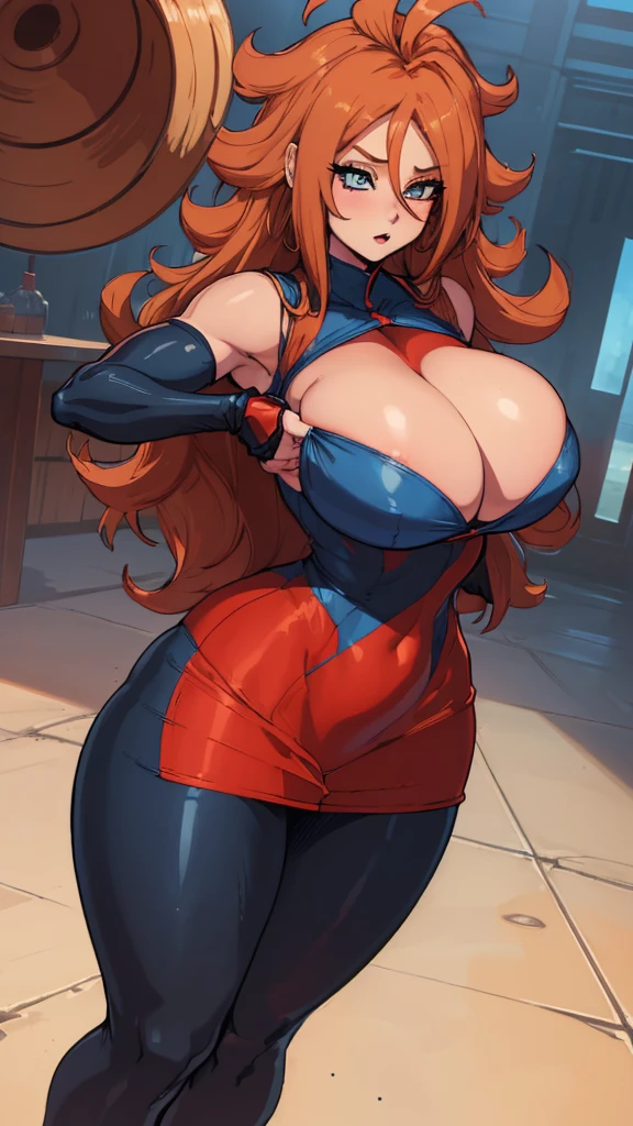 (best qualityer:1.3), android 21, ), busty, cleaveage, (chestnut hair), seductiv, rosto sensuous,  sensuous, curvy body, big-ass, (tight blue and red dress),  short dress, strong legs, strong bodie, brawny 