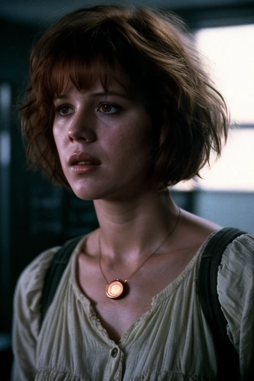 Medium shot of eighteen-year-old Molly Ringwald, messy/shaggy razored/layered bob haircut with sideswept bangs, bags under eyes, exhausted eyes, undershadowed eyes, with copper pocketwatch necklace, wearing dark green jacket with sleeves rolled up, white shirt and jeans, extremely realistic, extremely detailed, extreme realism, extreme detail, extremely accurate resemblance, scene from 1986 psychological sci-fi horror film, directed by Michael Mann, cinematography by Dante Spinotti, muted color scheme, muted color palette, neo-noir, tech-noir, shot on 35mm film, aspect ratio 2:35:1, atmospheric, moody, Manhunter (1986) influenced, Thief (1981) influenced, bedhead, unkempt hair, insomniac, dark circles under eyes, brooding anti-heroine, cult classic, cult film, complex, elaborate, masterpiece, underlit, dark, 4k ultra HD remaster from original 35mm film negative, taken from 4k ultra HD Blu-Ray release