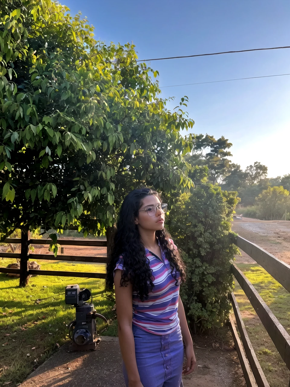 8k, best quality, masterpiece, highly detailed, semi realistic, a girl, a girl, 20 years old, looking at hands, long dark brown hair with bangs, curly hair, green eyes, black russian style cut clothes, white pants, bare shoulders, golden details, thin figure, cold expression, battle scenes, outdoors, forest background, with many trees and dark sky
