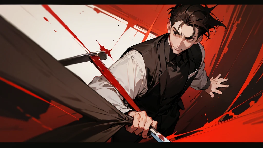 A man with black hair, black eyes, a sadistic face, covered in blood, holding a kitchen knife, wearing a chef's uniform. The person standing next to him was a man with brown hair, brown eyes, and his face looked frightened. wearing a black suit