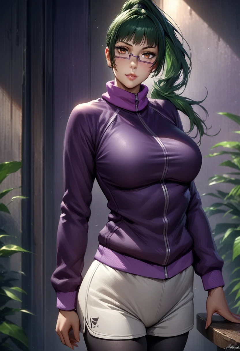 (masterpiece, finely detailed beautiful eyes : 1.2), hdr, realistic, high resolution, (best quality, masterpiece:1.2), ultra detailed, (anime), 1girl, maki exp, green hair, ponytail, long hair, brown eyes, purple glasses, side locks, large breasts, lips, purple jacket, long sleeves, white shorts, leggings, leggings under shorts, standing, (looking at viewer), (front view),
