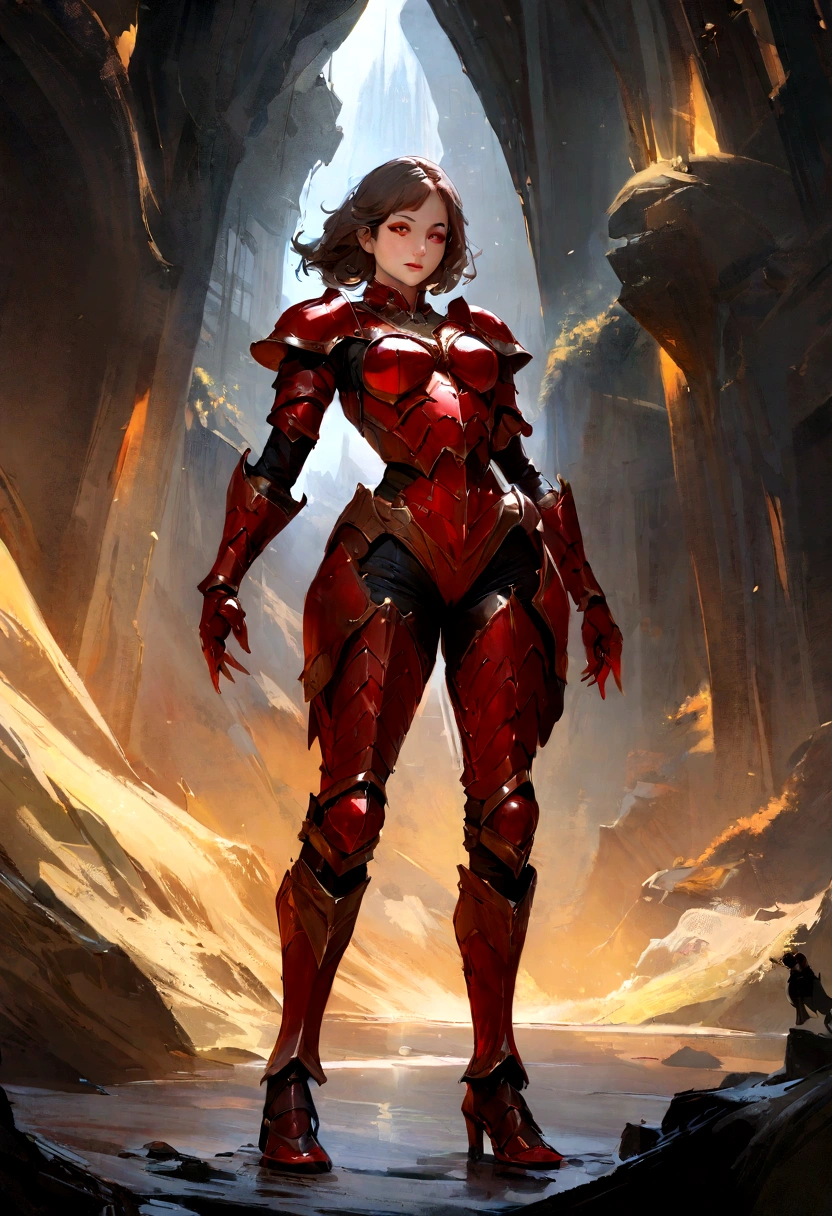 a single beautiful woman with beautiful legs standing, in pants, showing the whole body, adventurer with brown hair wearing full armor, detailed armor, face detailed, Eyes red. red detailed, detailed skin texture, detailed hair, highly detailed facial features, dramatic lighting, film composition, epic fantasy, digitalpainting, conceptual artwork, best qualityer, Masterpiece artwork, dynamic pose, full body, Furthest camera, without untwisting 