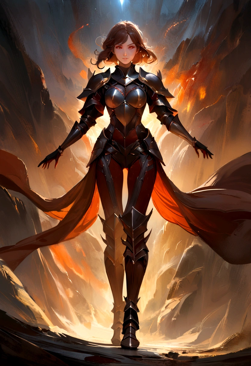 a single beautiful woman with beautiful legs standing, in pants, showing the whole body, adventurer with brown hair wearing full armor, detailed armor, face detailed, Eyes red. red detailed, detailed skin texture, detailed hair, highly detailed facial features, dramatic lighting, film composition, epic fantasy, digitalpainting, conceptual artwork, best qualityer, Masterpiece artwork, dynamic pose, full body, Furthest camera, without untwisting 