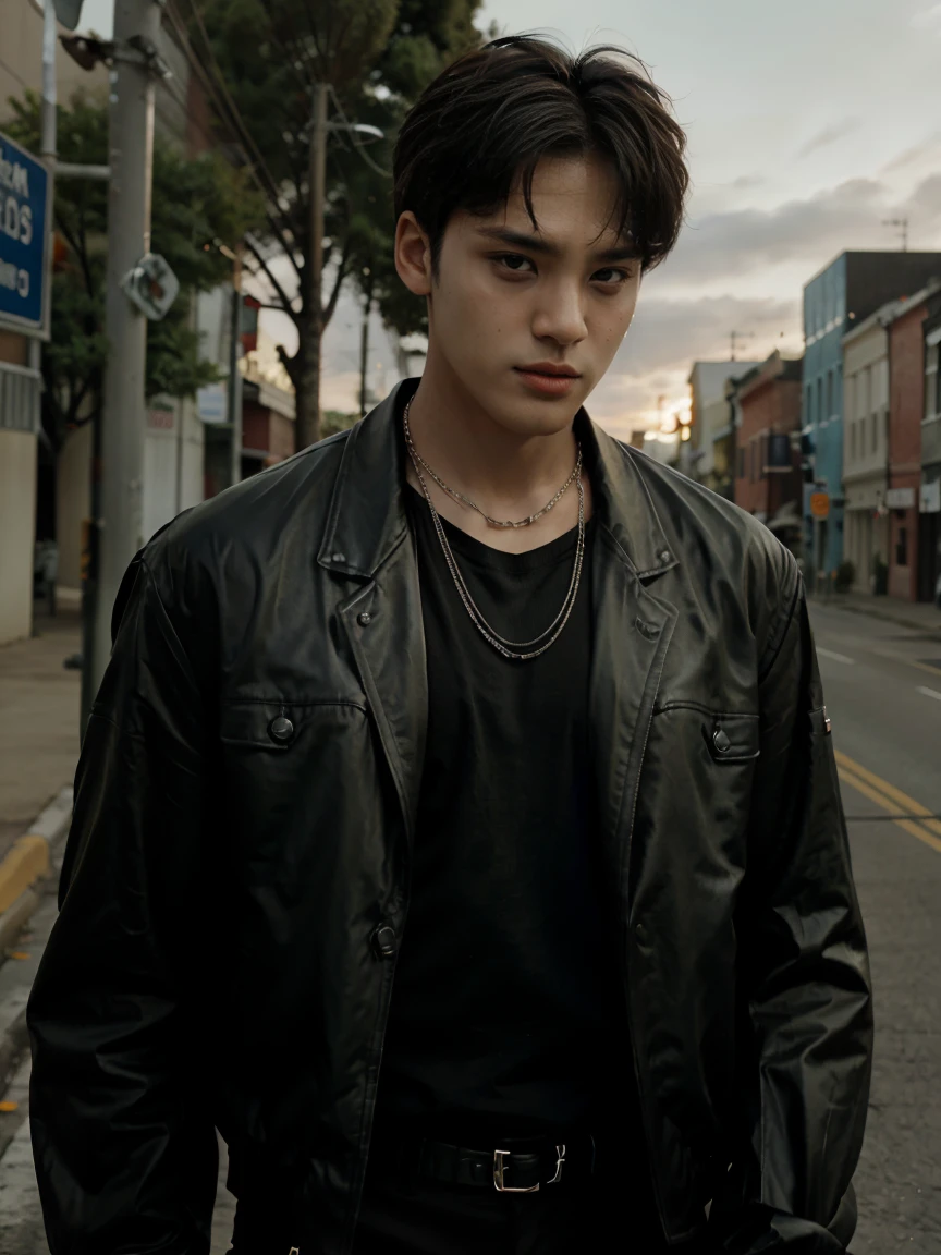 Seventeen, good looking, 1 boy, bike, on the road, Wearing a black jacket, necklace 