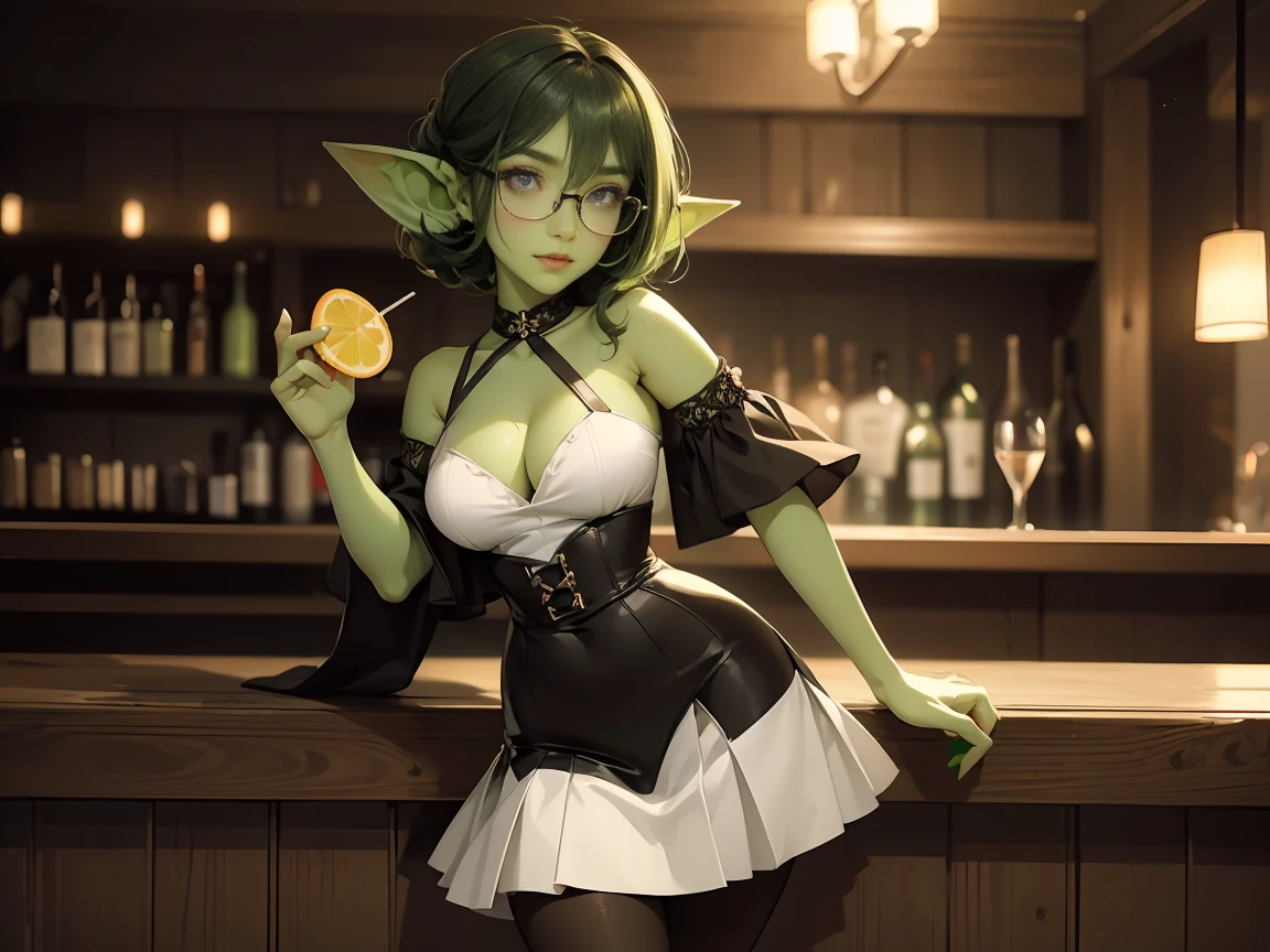 ((best quality)), ((masterpiece)), (detailed), perfect face, ((green skin)), pointy ears, very shy, tiny breasts, wearing black rimmed glasses, short dark hair, wearing white blouse and black skirt and black pantyhose and back pumps, (night outside), cleavage, having drinks at a karaoke bar, smiling, a little bit drunk, drinking a fruity cocktail