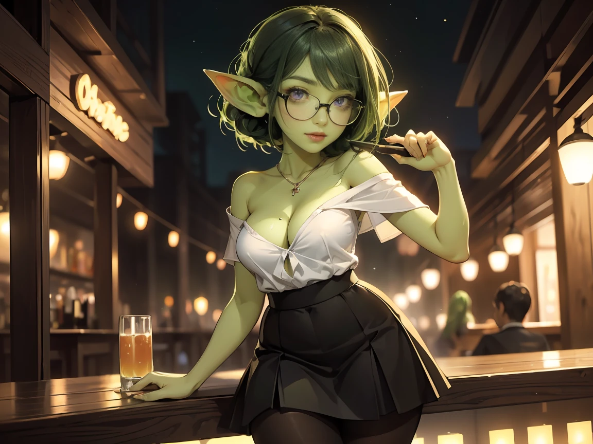 ((best quality)), ((masterpiece)), (detailed), perfect face, ((green skin)), pointy ears, very shy, tiny breasts, wearing black rimmed glasses, short dark hair, wearing white blouse and black skirt and black pantyhose and back pumps, (night outside), cleavage, having drinks at a karaoke bar, smiling, a little bit drunk, drinking a fruity cocktail