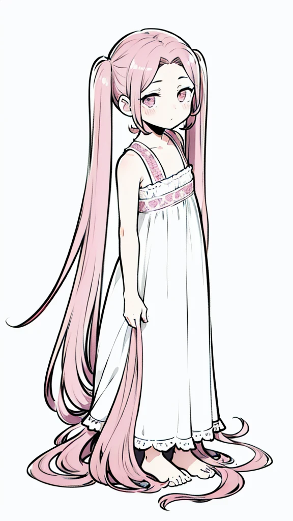 (1girl,12 years old,solo),pink hair,long hair,twintail,(medusa hair),simple white dress,sleeveless,(white background,line drawing),backside,(head up)