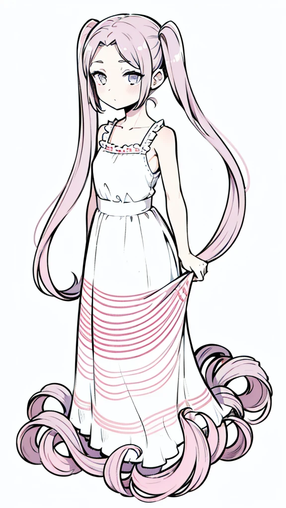 (1girl,************,solo),pink hair,long hair,twintail,(medusa hair),simple white dress,sleeveless,(white background,line drawing),backside,(head up)