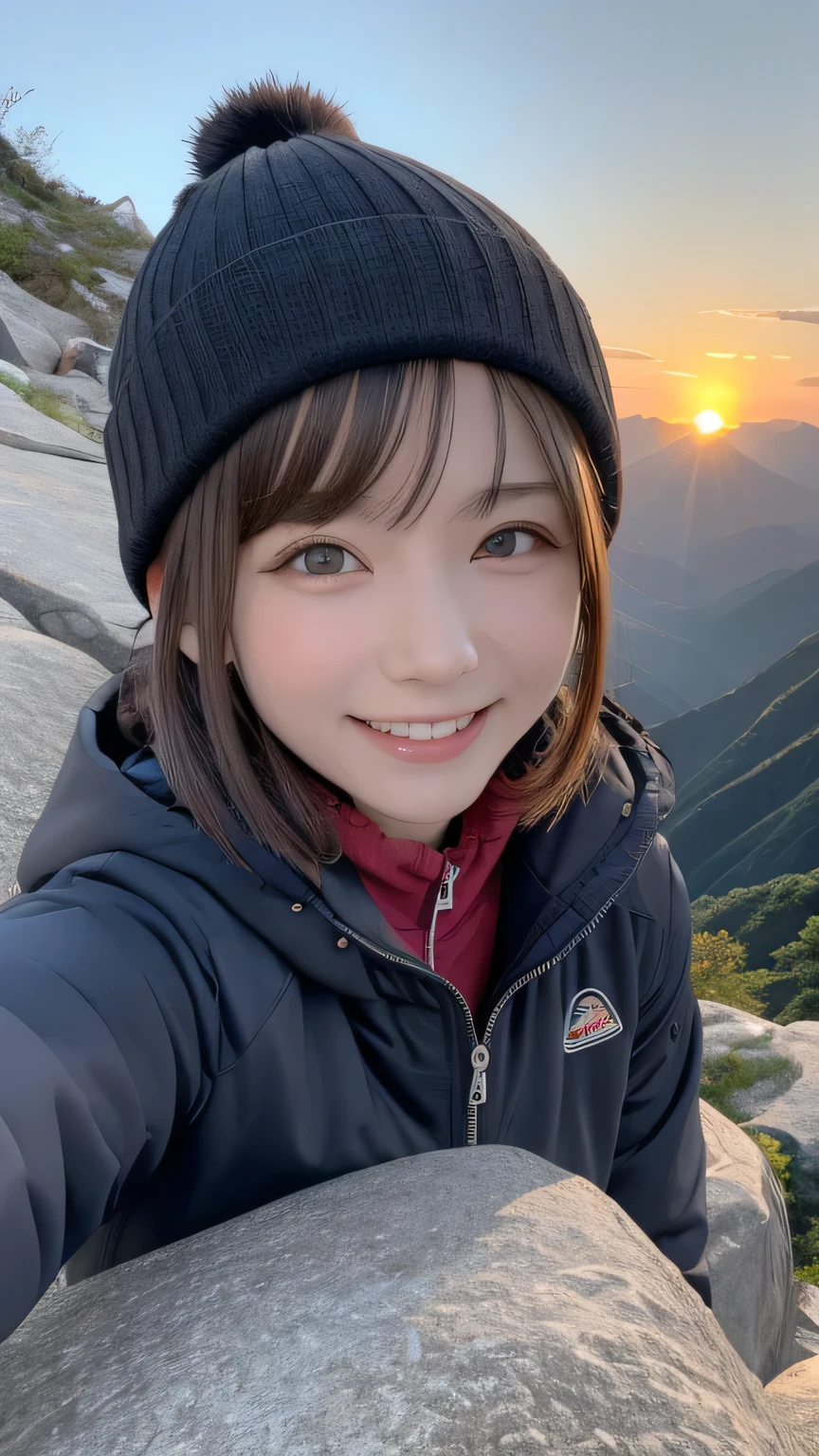 closeup shot , Best picture quality (8K, high resolution, Masterpiece: 1.2), super detailed,  215 Short Hair, 16-year-old woman, 

situation: Greeting the sunrise at the summit、Scenes enjoying the spectacular view。
clothing: Hiking Wear（Fleece jacket、Trekking pants、Trekking shoes）、Beanies and caps。
angle: Panoramic view from the summit、A wide angle shot of people waiting for the sunrise。Close-up of the moment the sun rises、Capture faces gazing at the sunrise and expressions of joy on the mountaintop。Emphasizing the grandeur of nature and the sense of accomplishment of mountain climbing。。

Close-up of face 

, random cute pose ,big eyes ,Puffy eyes ,  Heart Pupil, blush  , huge shy smile , salute


