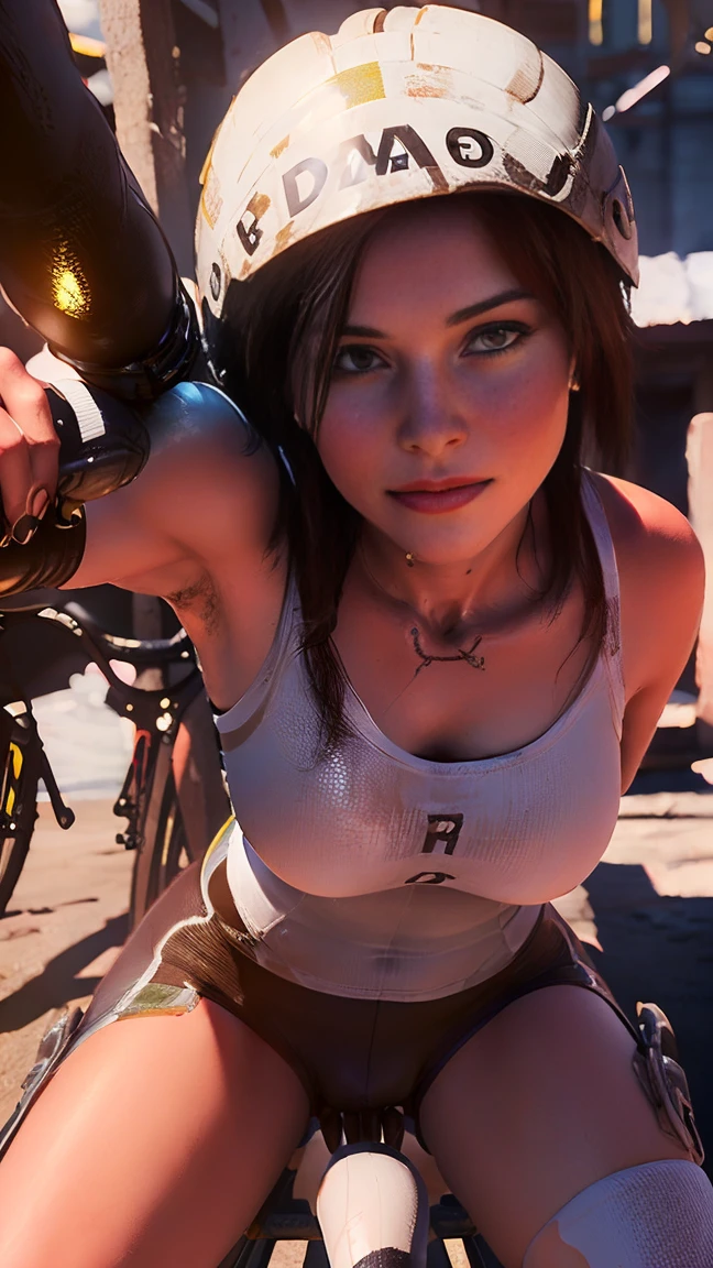 (8K、ultra high resolution、highest quality、masterpiece、realistic、ultra high resolution:1.2)、High-definition RAW color photo、professional photos、 (whole body:0.8)、(realistic、photo realistic、motion blur:1.2)、(Must have big breasts、pretty big breasts、Always hide all breasts、toned body:1.2)、((Always colorful and very shiny mountain bike racing uniform、A beautiful Lara Croft cyclist who always rides her bicycle dynamically、Straddle the saddle((saddle with white dildo、insert white dildo in pussy)):1.3))(Bright colors、vivid lighting、scenic downtown:1.2)(draw diagonally from below、natural skin texture、fine skin、hyper realism、intricate details、Depth of the bounds written、adult woman、(masterpiece、highest quality、high detail))、smile happily、Big eyes、Clear double eyelids、perfect face、small face、Helmet(look at the viewer、eye highlights、lip glosust have short black bob)