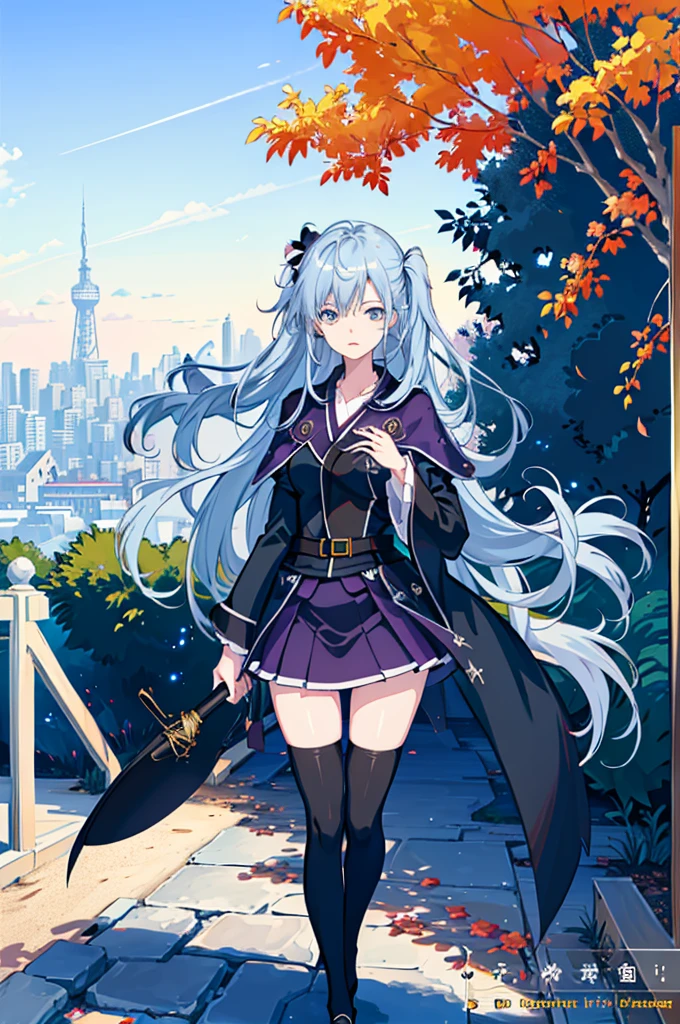 1girl,  solo, outdoors, long hair, holy place, Original,(Illustration:1.1),(Best Quality),(masutepiece:1.1),(the Extremely Detailed CG Unity 8K Wallpapers:1.1), (Colorful:0.9),(mid-shot:0.95),(extremely detailed beautiful face),(Solo:1.2), (girl),(((Lori))), (Detailed beautiful eyes:1.15), (Beautiful face:1.15), (Glowing blue eyes:1.25////),(((sky blue Long Hair))),(two side up),(+perfect hand+:1.21),(Draw illustration of Japan priestess costume),(slender),(White pleated skirt),(Gothic),((black thighhighs)),(frilld),(Beautiful Slender Lolita Girl),hallowween,standing, girl,,  girl,foggy place,vampire,sky blue hair,full body,whole body,