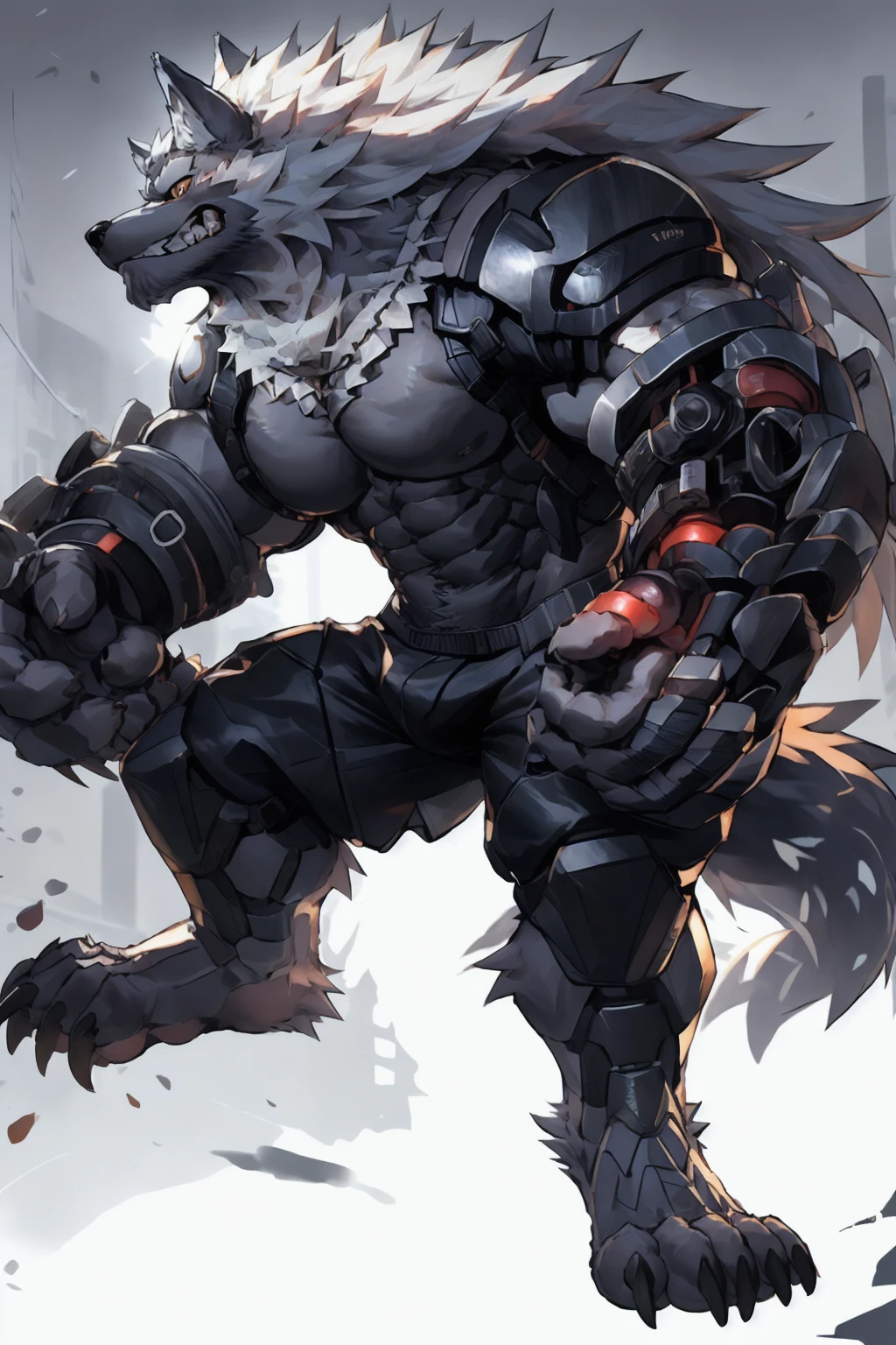 masterpiece,best quality,(1 boy:1.1),(Solitary:1.1),muscular male,Empty,8k HD,Extremely detailed,Detailed background,masterpiece,muscular,muscular anthro,grown up,(Looking at the audience:1.1),(single background:1.4), ::2],Solitary,Medium shot,whole body,
(langshu:1.3),Wolf Boy,beard,Thick eyebrows,Gray body,Wolf ears,White hair,Long hair,Wolf Tail,nail,author：(lindong:0.3),author：(null-ghost:0.7)