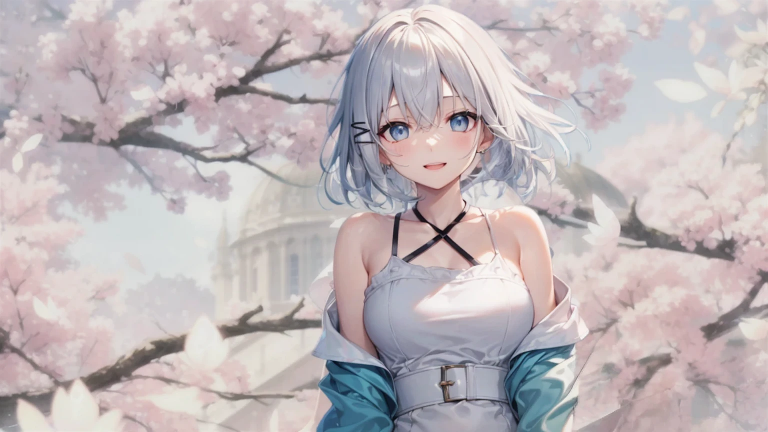 Her eyes were shining、Mysterious and enchanting atmosphere。With AI Painting、とてもShort Hair, Long bangs between the eyes, Very detailed,(masterpiece、Highest quality)、alone、Gray Hair、Fantasy, Silver Hair, Fantasyな風景、White shirt、smile、Open your mouth、Scarf、short hair、Short Hair、hairpin、black eye、Grey Eyes、Beautiful Eyes
