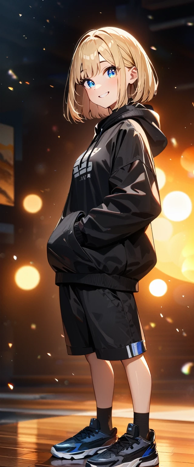 (((One girl))), blond hair, bob cut, (looking at viewer), breasts, ager, head tilt:1.3, (((blue eye))), (from side), hand in pocket, ((happy smile)), black hoodie, black shorts, dark high cut sneakers, black ankle socks, anime style, (best quality, 4k, 8k, highres, masterpiece:1.2, ultra-detailed, ultra-detailed eyes, HDR, UHD, studio lighting, ultra-fine painting, sharp focus, physically-based rendering, extreme detail description, professional, vivid colors, bokeh)