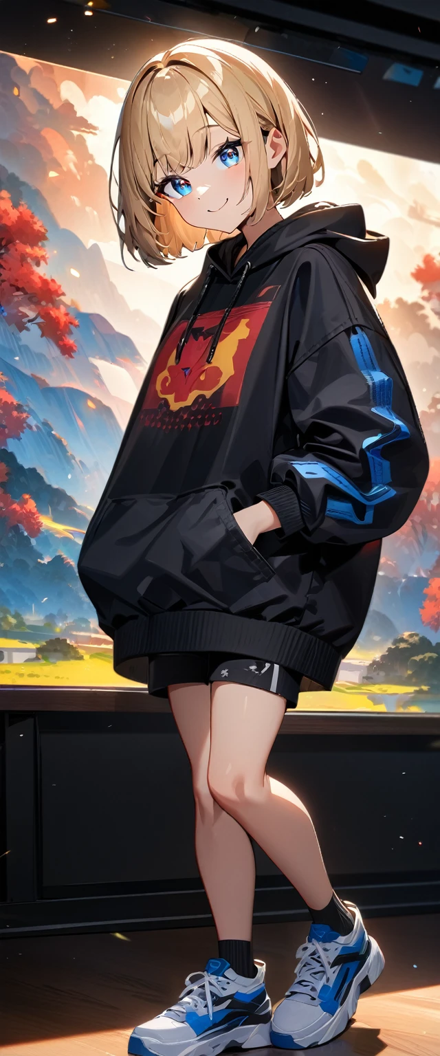 (((One girl))), blond hair, bob cut, (looking at viewer), breasts, teenager, head tilt:1.3, (((blue eye))), (from side), hand in pocket, ((happy smile)), black hoodie, black shorts, dark high cut sneakers, black ankle socks, anime style, (best quality, 4k, 8k, highres, masterpiece:1.2, ultra-detailed, ultra-detailed eyes, HDR, UHD, studio lighting, ultra-fine painting, sharp focus, physically-based rendering, extreme detail description, professional, vivid colors, bokeh)
