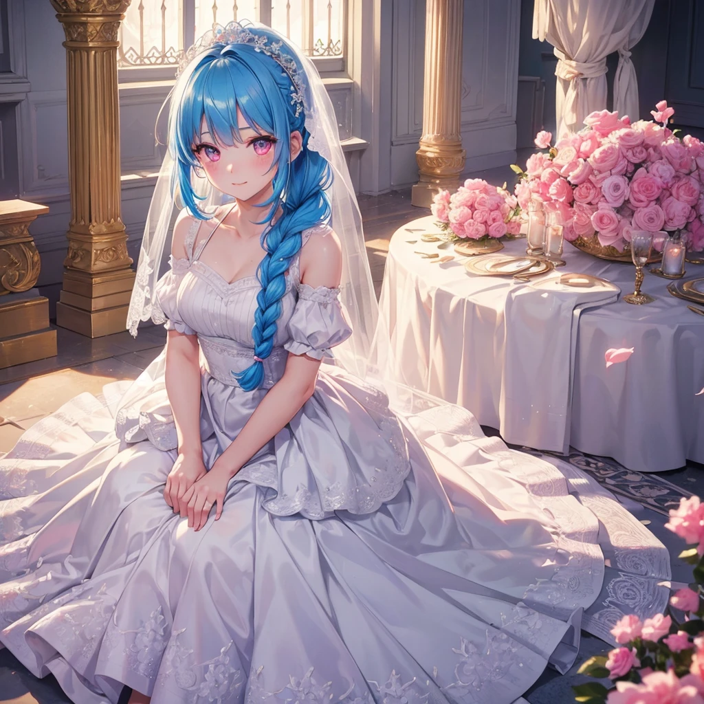 Sky Blue Medium Hair, (Braided Hair),(Pink Eyes),Fair skin ,(whole body),(1 girl),bride,blush,Straight bangs, 6月のbride,Wedding dress,(masterpiece, Highest quality, Very detailed, Best Shadow), (Detailed Background), (Beautifully detailed face), High Contrast, (Best lighting, Very delicate and beautiful), ((Cinematic Light)), colorful, Hyper Detail, Dramatic Light, Intricate details,Wedding hall,