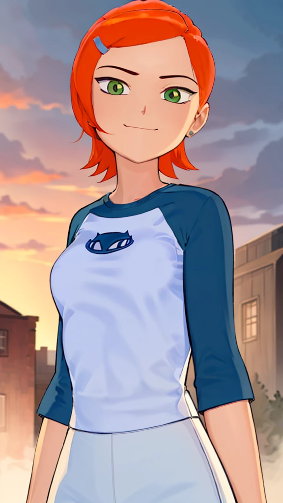 ((best quality)), ((highly detailed)), masterpiece, absurdres, (detailed eyes, deep eyes), (1girl), dynamic pose, upper body, gwen, hairclip, smiling, blue shirt, raglan sleeves, white pants, (outside, in a wild west town, sunset) , nudity , big breasts , hot , oiled 