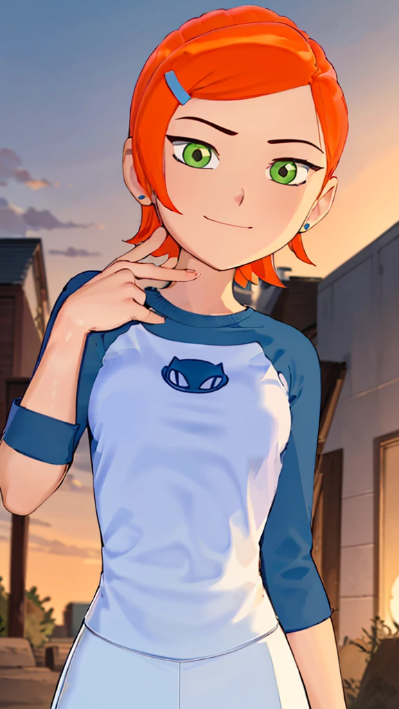 ((best quality)), ((highly detailed)), masterpiece, absurdres, (detailed eyes, deep eyes), (1girl), dynamic pose, upper body, gwen, hairclip, smiling, blue shirt, raglan sleeves, white pants, (outside, in a wild west town, sunset) , nudity , big breasts , hot , oiled 