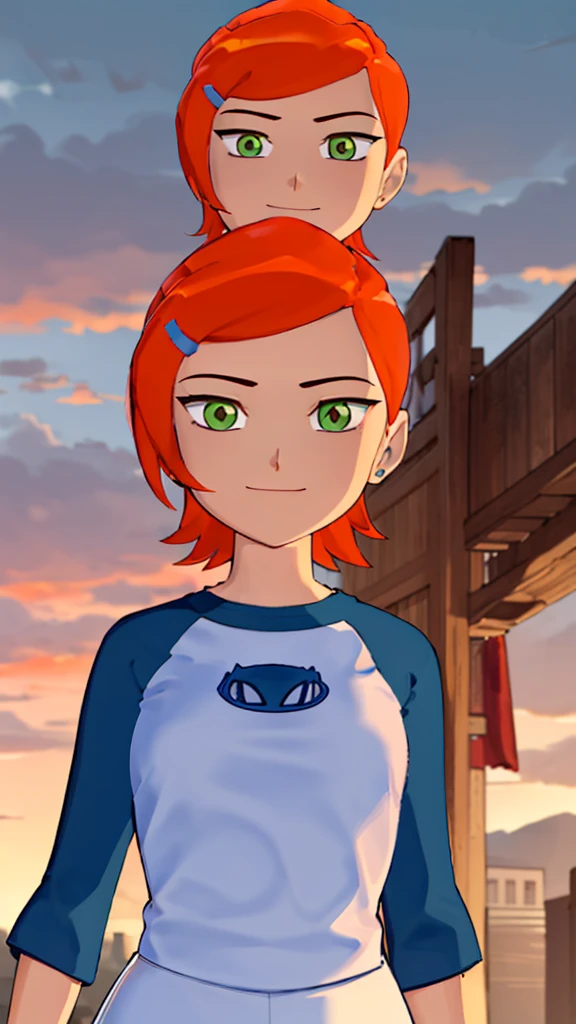 ((best quality)), ((highly detailed)), masterpiece, absurdres, (detailed eyes, deep eyes), (1girl), dynamic pose, upper body, gwen, hairclip, smiling, blue shirt, raglan sleeves, white pants, (outside, in a wild west town, sunset) , nudity , big breasts , hot , oiled 